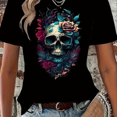 TEMU Women's Floral Skull Graphic T-shirt - Round Neck Short Sleeve Casual Top With Vibrant Teal & Pink Art Print, Machine Washable Regular Fit, Comfortable Pullover Image