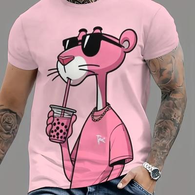 TEMU Men's Summer Graphic T-shirt - Stylish Pink Animal Print With Fashion Glasses & Boba Tea Design, Casual Round Neck Short Sleeve Shirt For Vacation Or Casual Attire Image