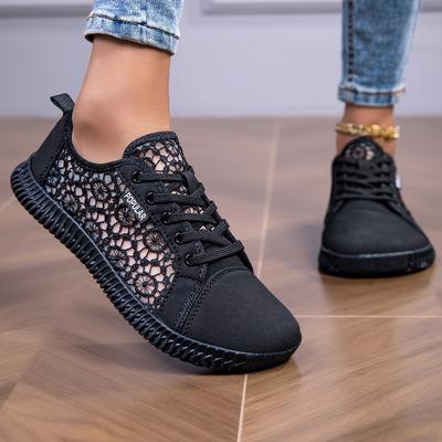 TEMU Women's Lace-up Sneakers - Black, Wide Fit, Breathable Fabric Upper, Low Top, Lace Closure, Comfortable Walking Shoes, Casual Footwear | Laceup Sneakers | Comfortable Walking Shoes Image