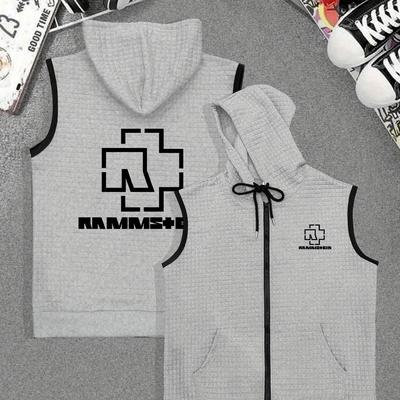 "TEMU Men's Waffle Print Hooded Zip-up Jacket - Spring/fall Outerwear With "ramms+" Graphic, Regular Fit, Zip Up Hoodie" Image