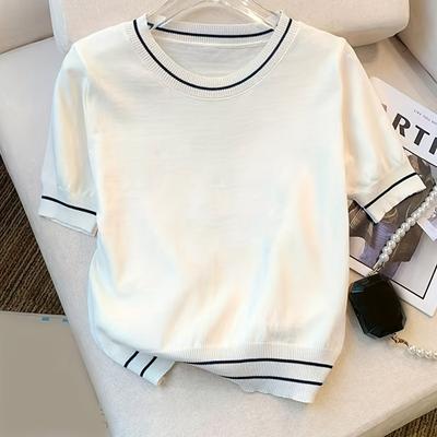 TEMU Women's Elegant Sweater - Round Neck Short Sleeve Top, Solid Color Pullover For Layering & Casual Attire, Cute Sweaters Image