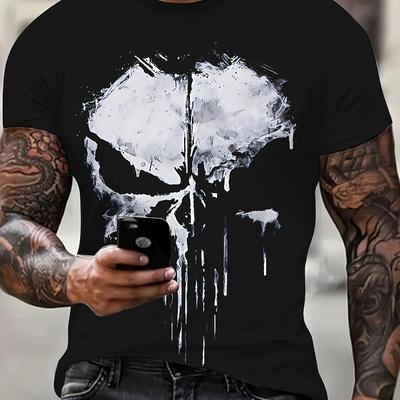 TEMU Men' Skull Graphic T-shirt - White Skull & Design, Lightweight Crewneck Short Sleeve Tee For Casual Summer Wear, & Outdoor Activities, Outdoor Clothing | Skull Print Shirt | Machine Washable Image
