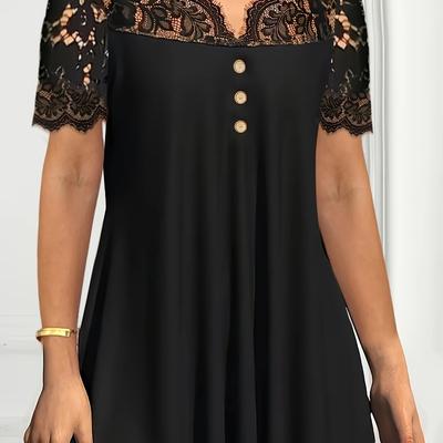 TEMU Elegant Lace Contrast Sleeve & Button Detail V-neck T-shirt For Women - Plus Size Casual & Formal Wear, Machine Washable Black Top, Ladies T Shirts Image