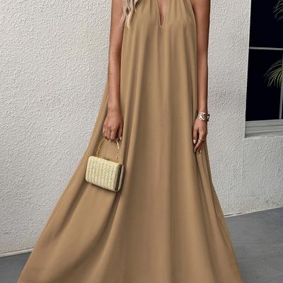 TEMU Women's Elegant Off-shoulder Maxi Dress - Beige, Swing Neck, Sleeveless, Casual Dress For Adults, Casual Attire|swing Neckline|sleeveless Dress Image