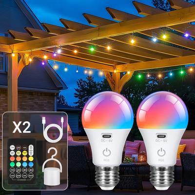 TEMU Rgb E27 Rechargeable Light Bulb, Battery Bulb With Remote Control, Usb-c Rechargeable Bulb With Battery, 8 Colours Dimmable, Rgb Led Bulb With Timing Function, Emergency Light With Hook Image