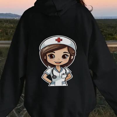 TEMU Women's Lightweight Cartoon Nurse Print Zip-up Jacket - Stylish & Versatile, Stretchy Polyester Blend With Zipper Closure, Spring Outfits Image