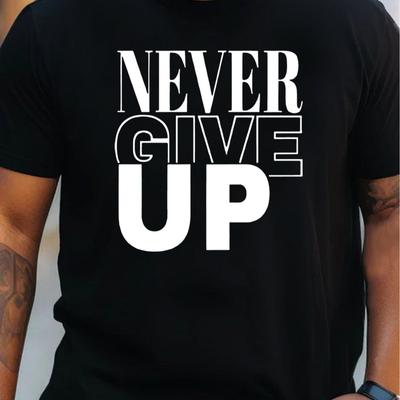 TEMU Never Give Alphabet Print Plus Size Men's Crew Neck Short Sleeve Comfortable Summer T-shirt For And Workout, 1pc, 100% Cotton T-shirt Image