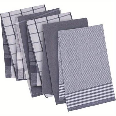 TEMU 5-pack Soft Absorbent Kitchen Dishcloths, 18x26 Inch Polyester Dish Towels With Modern And Striped Patterns In Gray, White, And Blue, Machine Washable For , Kitchen Towels Image