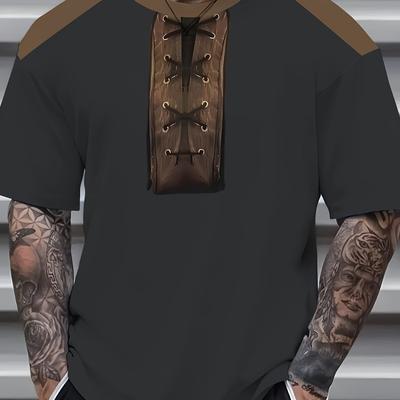 TEMU Men's Breathable Casual T-shirt - Solid Color Round Neck Polyester Tee With Lace-up Detail, Regular Fabric, Outdoor Leisure Image