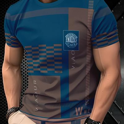 "TEMU Men's Navy & Brown Short Sleeve T-shirt - "union" Logo, Casual Crew Neck, , Regular Fit, Casual Attire | Pattern Top | Glossy Finish, Plus Size" Image