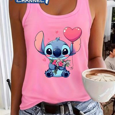 TEMU Stitch Women's Sleeveless Racerback Vest - Vibrant Red Cartoon Print With Hearts & Balloons, Lightweight Summer Casual Top, Medium Stretch, Machine Washable Image