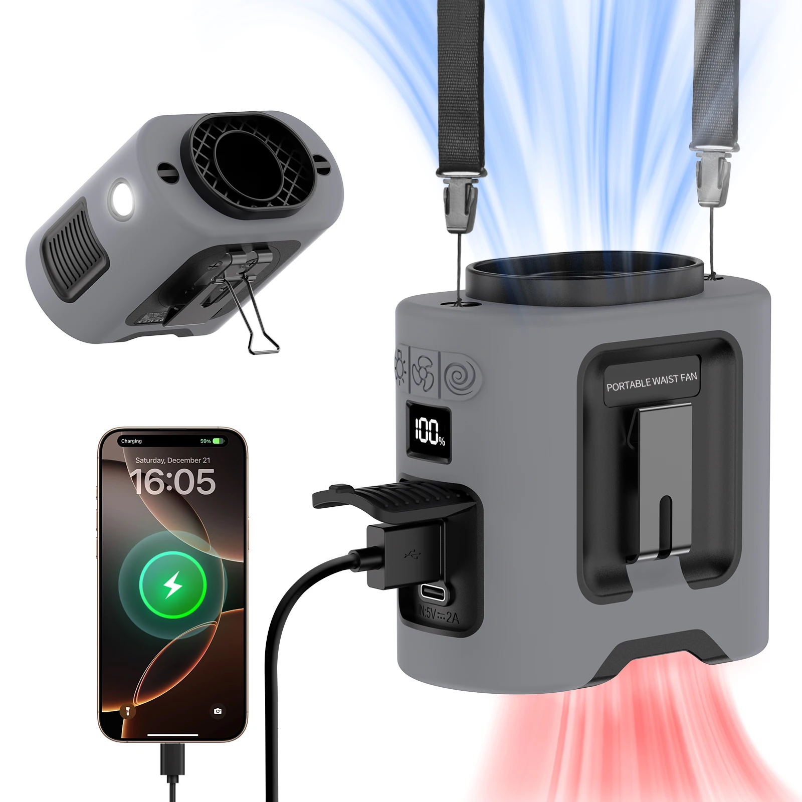 14500 mAh tragbarer Taillenventilator 360 ° Rotierender Gürtelclip, hängender Halsventilator, starker Wind mit Powerbank, LED-Beleuchtung für Outdoor-Sportarten Image
