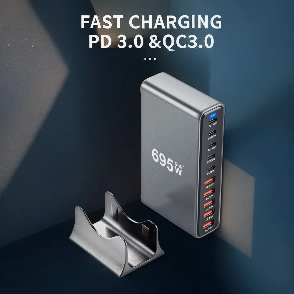 Neues 695 W GaN 3.0 USB-C PD-Ladegerät 10-Port 5C5A Schnellladung für Mobiltelefone und Tablets, kompakt und tragbar Image