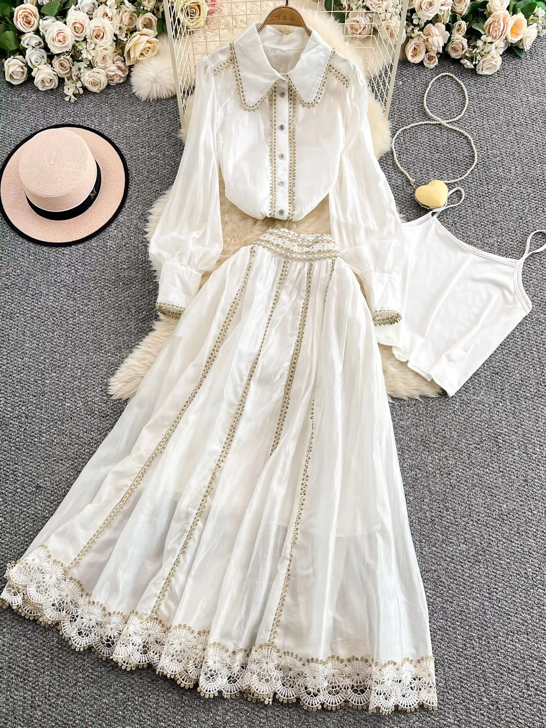 Elegante 2 Stücke Kleid Anzüge Frauen Sommer Herbst 3 stücke Häkeln Stickerei Shirts EINE Linie Midi Lange Röcke Sets Abend vestidos Image