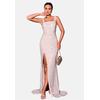 Jerseykleid MODA MINX "Freya Long Slit Dress", Damen, Gr. M, EURO-Größen, rot (apricot), 100% Polyester, elegant, lang, ohne Ausschnitt, ohne Ärmel, Kleider, mit stilvollem Beinschlitz