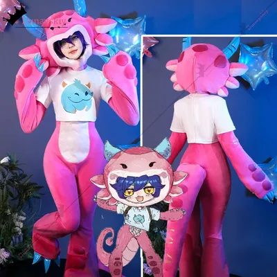 Neeko Cosplay Spiel LOL Super Cosplay Fans Kostüm S-XXL Rosa Overall Kopf Abdeckung Schwanz Anzug Image