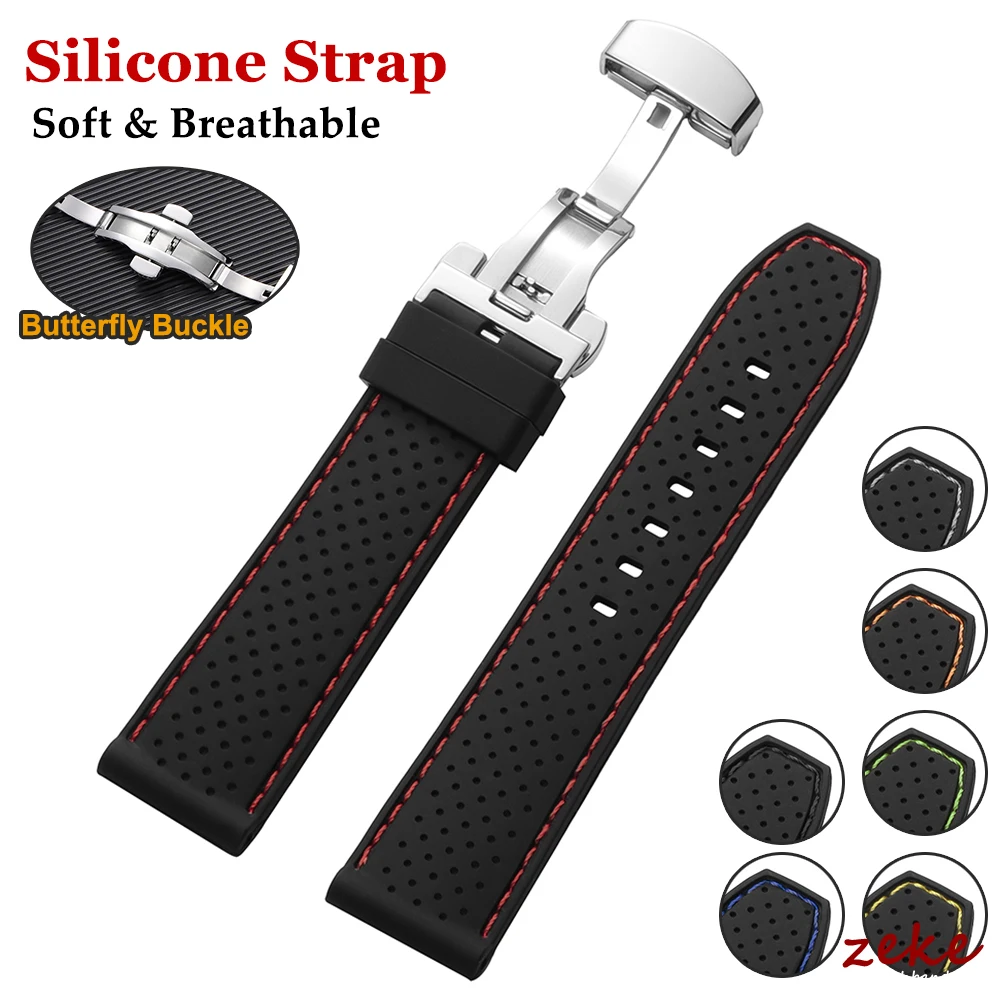 Weiches Silikon-Gummi-Uhrenarmband, 22 mm, für Herren und Damen, Sport, wasserdicht, atmungsaktiv, Armband aus Edelstahl mit Schmetterlingsschnalle Image