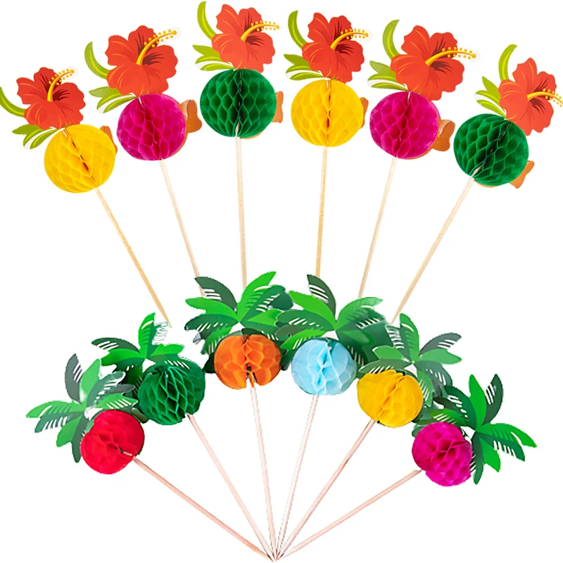50 stücke tropische Blume Kokosnuss baum Bambus Pick Obst Zahnstocher Sommer Hawaii Geburtstags feier Cupcake Topper Hochzeits dekoration Image