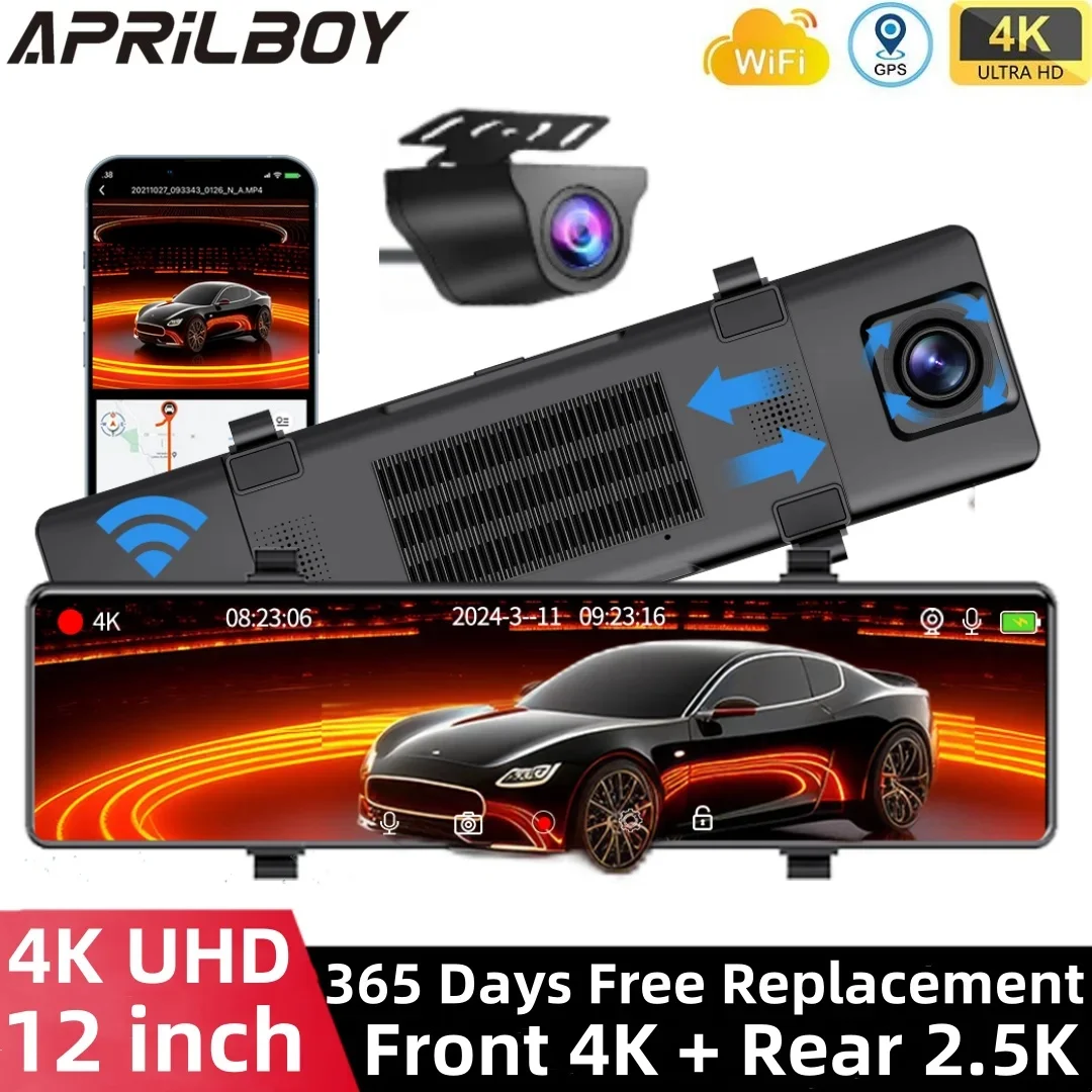 Aprilboy 12 Zoll Dash Cam 4K Auto Dvr WIFI Touch Nachtsicht Auto DVR Dash Cam Dash cam Video recorder Kamera Rückansicht Black box Image