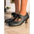 Décolleté da donna in similpelle marrone con tacco medio e fiocco in pizzo nero – eleganti scarpe vintage per ricevimenti da tè, eventi formali e outfit alla moda retrò