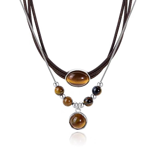 Set di collana con ciondolo in pietra occhio di tigre a doppio strato in stile bohémien da donna, materiale in pietra naturale, adatto per abbigliamento casual, quotidiano e da festa