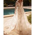 Abiti da Matrimonio Casual con Crinolina Gonna A-Line Staccabile Matrimonio in Spiaggia Abito Sirena Collo Profondo Maniche Lunghe Treno Cappella Abiti da Sposa in Pizzo con Applicazioni Ricamate