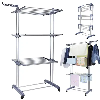 Clothes Drying Rack Stand 4-Tier Foldable Stainless Steel Movable Clothing Airer Multifunctional Laundry Coat Rack Household