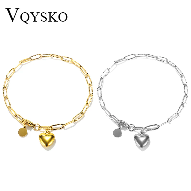 VQYSKO Stainless Steel Bracelet For Women Bracelets Heart Pendant Bracelets Fashion Chain Bracelets women Thick Bracelet Jewelry