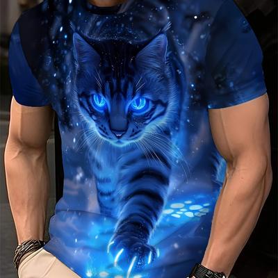 TEMU Men's Casual Blue Cat Print T-shirt – Short Sleeve, Round Neck, Vibrant , Outdoor Sports & Casual Attire, Comfortable Fashion | Fantasy Themed Apparel | Machine Washable Top, Cat Shirt Image