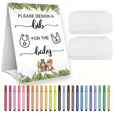 TEMU 40pcs Shower Bibs Games Design Shower Party Game Sign Diy Bodysuit Sign 15 White Blank Feeder Bibs 24 Markers For Shower Party Favors Image