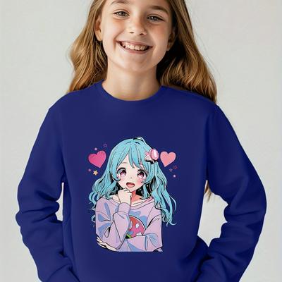 TEMU Cozy & Cute Girls' Cartoon Print Sweatshirt - Soft Polyester, Long Sleeve, Round Neck Pullover For Fall/winter Image