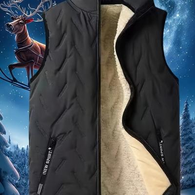 TEMU [ Practicality] Men's Sleeveless Puffer Vest With Zipper Pocket - Warm, Soft Fleece-lined, For Fall & Winter | Polyester, Non-stretch, Geometric Pattern, Hand-washable Image