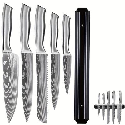 TEMU 6pcs Kitchen Knife Set, Professional Kitchen Chef Knife Set With Sharp High Carbon Stainless Steel Blade And Ergonomically Handle, Knife Set With Magnetic Knife Holder For Home Image
