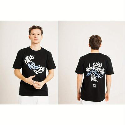TEMU Men's T-shirt, For Fans! [band & ] Graphic Double-sided Print Short Sleeves, 100% Cotton Top, Slightly Stretchy Knit Fabric, Regular Fit, 200g, Loose Oversized Short Sleeve Shirt. Image
