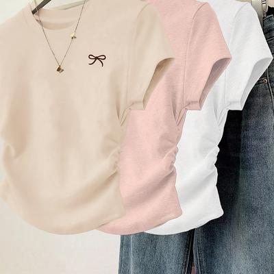 TEMU 3pcs Women's Casual Slim Fit T-shirts With Bow Print & Pleated Detail - Round Neck, Short Sleeve, Solid Color Tee Set In Beige, White, Pink Image