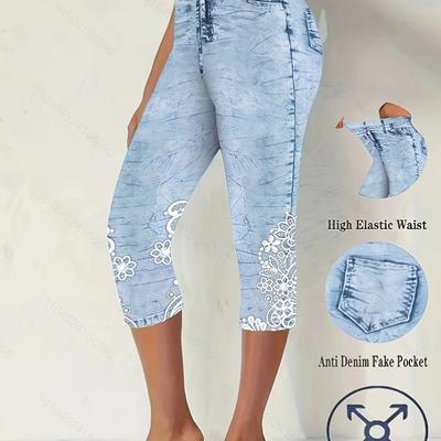 TEMU Women's High- Capri Trousers With Floral Print - Stretchy, Skinny Fit, Anti-denim Fake Pocket, Ideal For Spring/summer/fall, Casual Wear|floral Print Trousers| Stretch Fabric Image