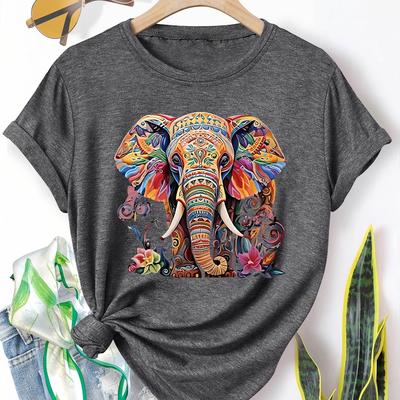TEMU Women's Vibrant Elephant Print T-shirt - Casual Retro Style, Short Sleeve Crew Neck, Medium Stretch Fabric, In Multiple Colors (s-xxl), Elephant Decor Image