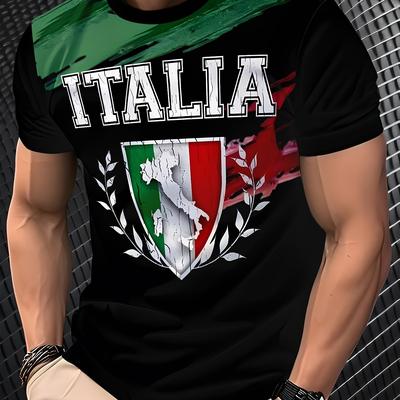 TEMU Men's Casual Italian Graphic Print T-shirt - Soft Polyester-spandex Blend, Plus Size Round Neck Short Sleeve Tee With Italia Design & Italian Flag Colors, Machine Washable, Italian T Shirt Image