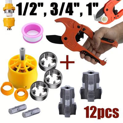 "TEMU 12pcs 8-inch Ratchet Pvc Pipe Cutter Set With Ratchet Pipe Cutting Tool For Od Up To 1-5/8 Inch And Plastic Pipe Thread Tap Set Plumber's Tool Kit Includes Sizes 1/2", 3/4", 1"" Image