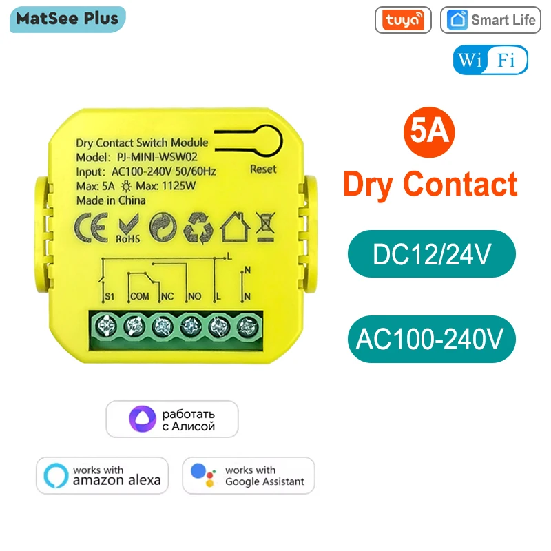 Trockenkontakt WiFi Schalter Relais 5A Tuya Smart Life App Fernbedienung Timing DC 12/24V AC 100-240V Unterstützt Google Home Alexa Image