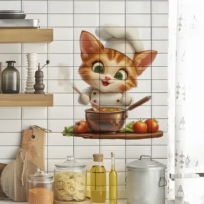 Niedlicher Chef-Katzen-Wandaufkleber, Cartoon-Küchenthema, Vinyl-Aufkleber, abnehmbare Image