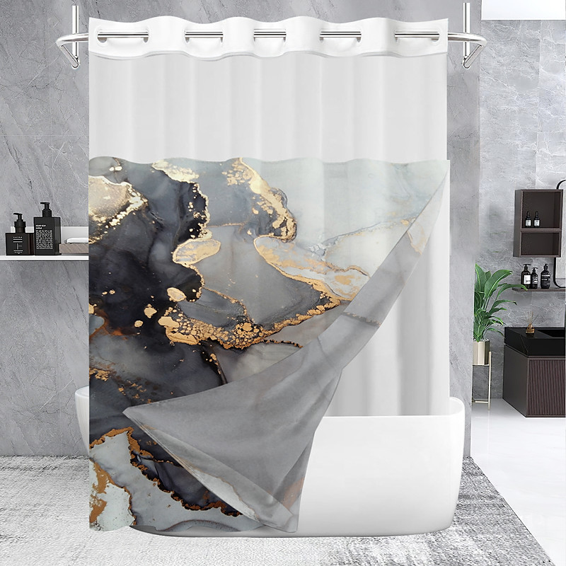 Marble Waffle-Weave Textured Shower Curtain Set with Snap-in Liner Sheer Window Water-Repellent Polyester, Grommet Top, 120GSM Hotel Quality Spa Style Bathroom Partition No Hooks Required