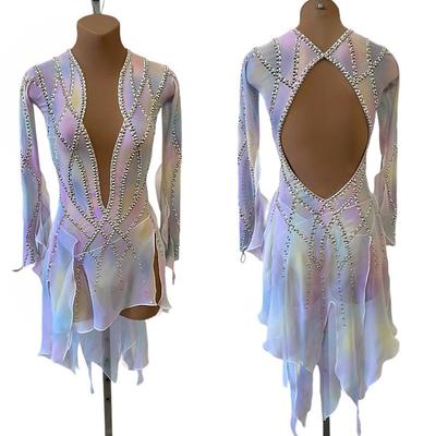 Figure Skating Dress Women's Girls' Ice Skating Dress Multi color Patchwork Open Back Mesh High Elasticity Training Competition Skating Wear Classic Crystal / Rhinestone Long Sleeve Ice Skating