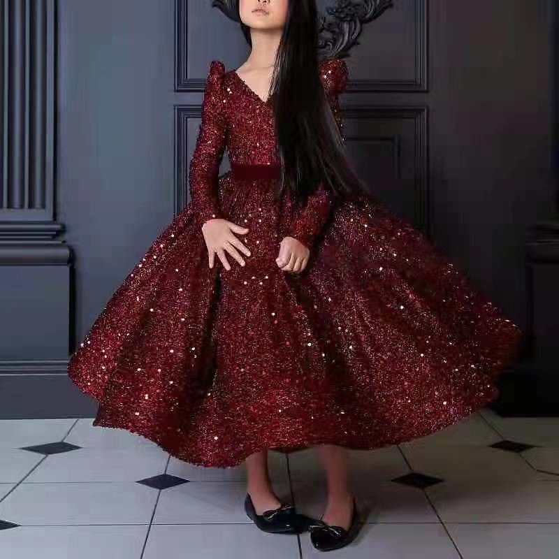 Kids Toddler Girls' Dress Sequin Sleeveless Long Sleeve Wedding Special Occasion Ruched Backless Patchwork Cute Princess Polyester Velvet Maxi Swing Dress Summer Spring 4-12 Years Silver Wine Red