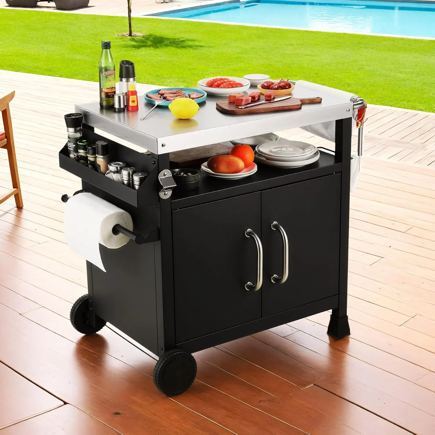 Grilltisch, Outdoor-Barwagen mit Aufbewahrungsschrank, Outdoor-Kücheninsel, Outdoor-Grillstation mit Edelstahl-Arbeitsplatte
