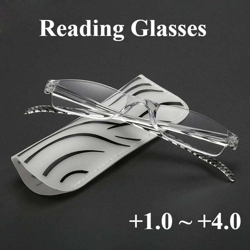 +1,0 ~ +4,0 Tragbare Weitsichtbrille Unisex Ultraleichte Lesebrille Rahmenlose Lesebrille aus Kunstharz mit halbem Rahmen Image