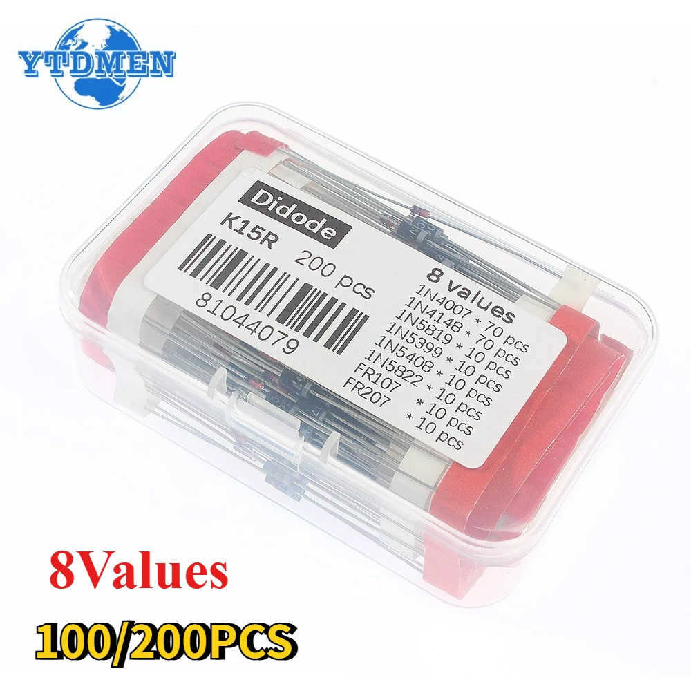 100–200 Stück Gleichrichter-Schottky-Dioden-Set 1N4007 1N4148 1N5408 1N5819 1N5822 1N4001 1N4004 1N5404 FR107 FR207 Schnellschaltdiode Image