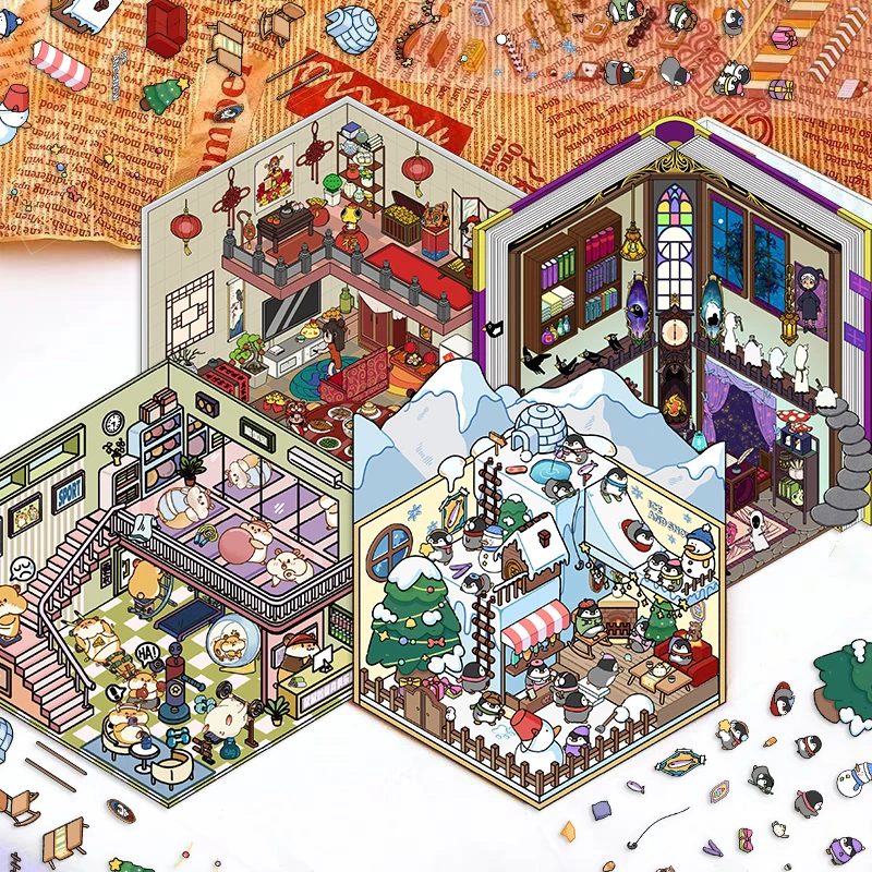 4Sets Gym Mouse Club, New Year Reunion, Time and Space Magic House, Ice and Snow World Landscaping Stickers Cartoon Scene