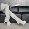 LAIGZEM Frauen Overknee Stiefel Reißverschluss Plattform Dünne High Heels Stiefel Schnalle Riemen Handgemachte Schuhe Frau Große Größe 38 41 43 47 52
