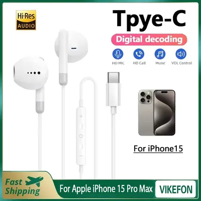 HIfi-Kopfhörer für Apple iPhone 15 Pro Max, halb-in-ear-Kopfhörer mit Mikrofon, kabelgebunden, für Samsung Huawei Xiaomi USB-C-Kopfhörer Image